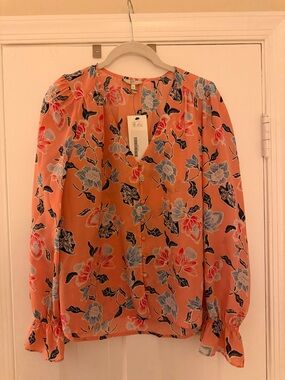 Joie Silk Size S Floral V-Neck Long-Sleeve Blouse - Peach